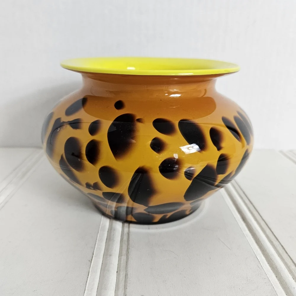 Hand Blown Art Glass Amber Leopard Tortoise Shell Vase Yellow Interior Decor - Picture 4 of 12